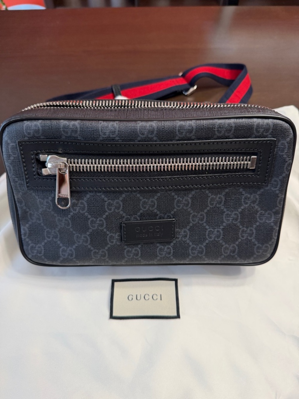 Gucci Black/Grey GG Supreme Belt Bag with Red/Blue Web Strap